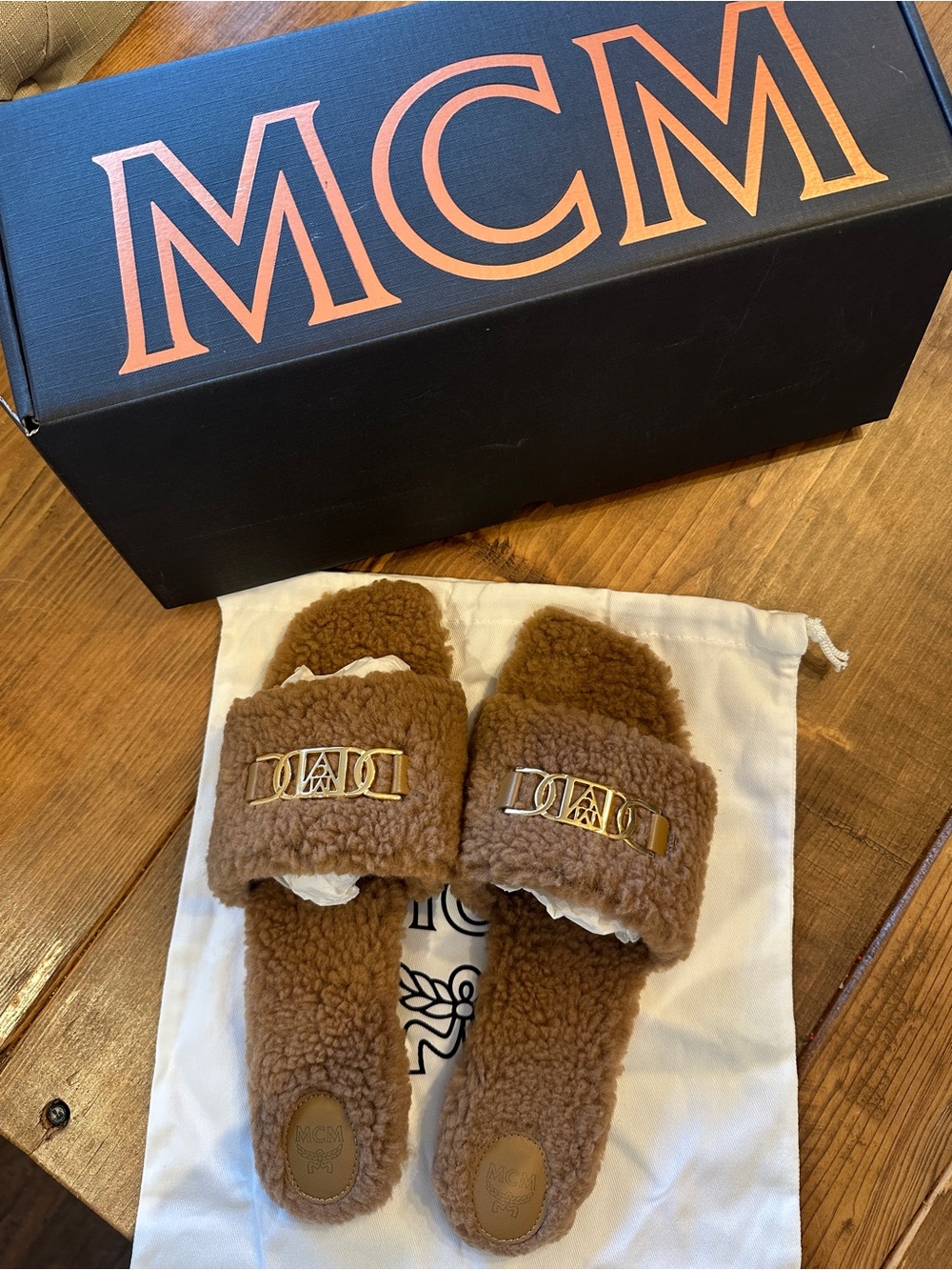 MCM Tan Travia Fur Slides - NIB